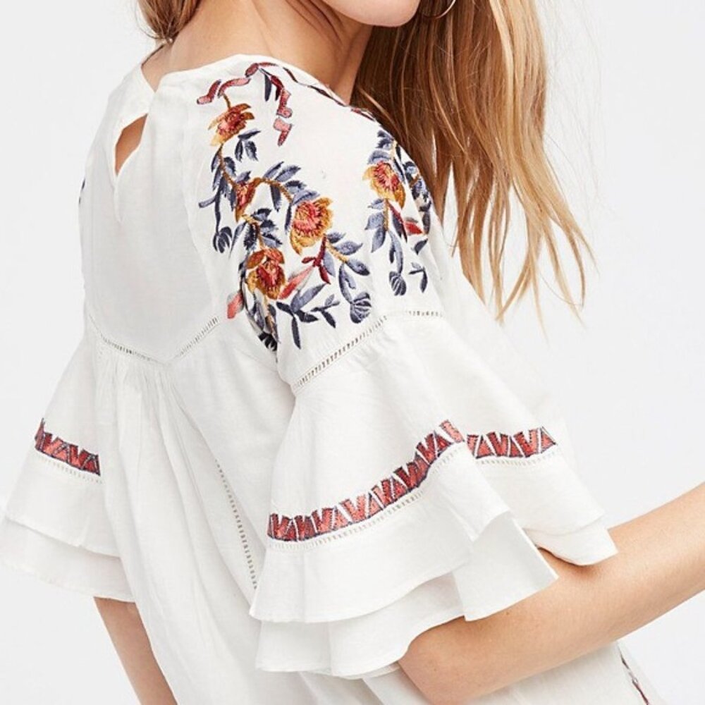 Free People Ivory White Pavlo Short Sleeve Ruffle Embroidered Babydoll Dress S